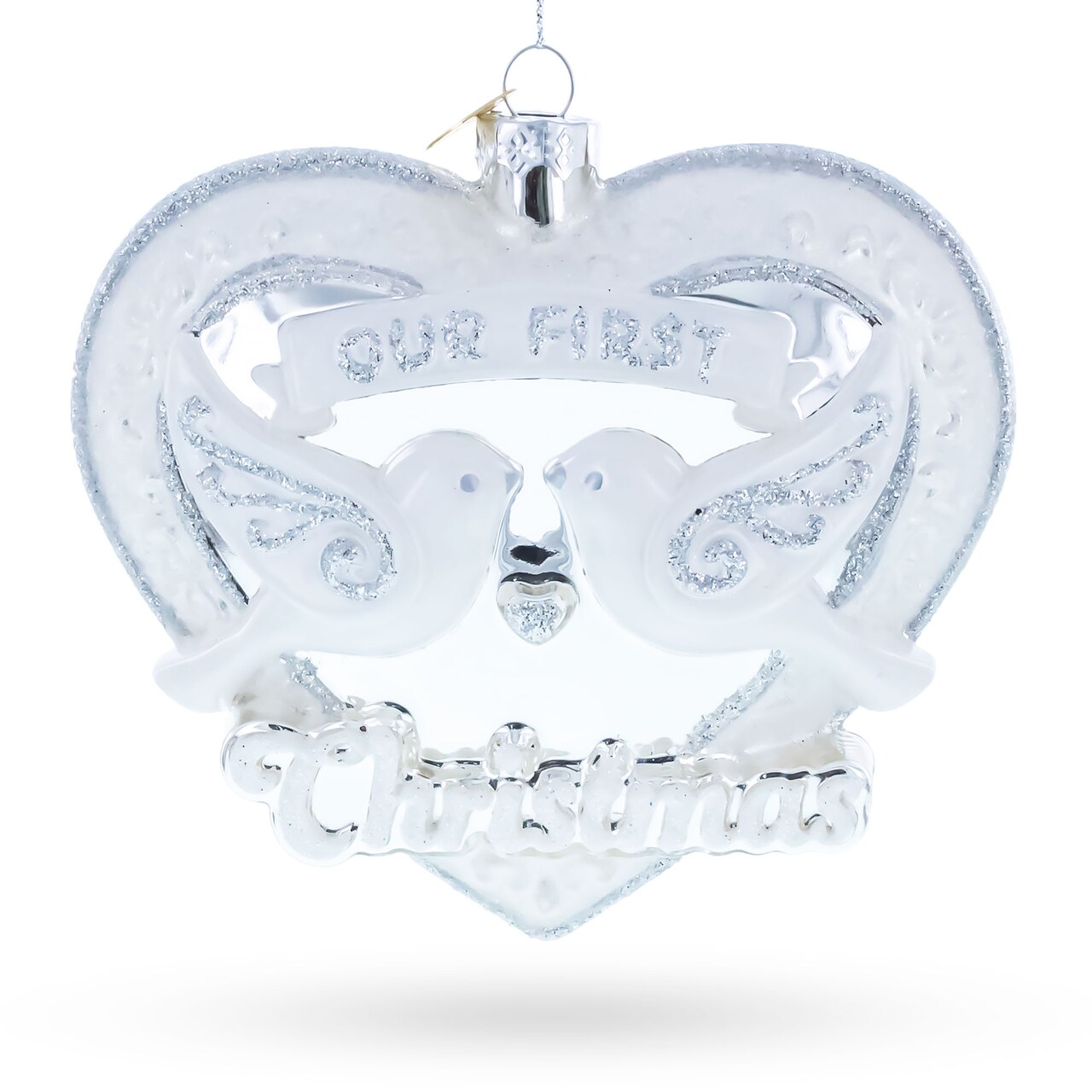 Our First Christmas Romantic Lovebirds Heart Glass Christmas Ornament